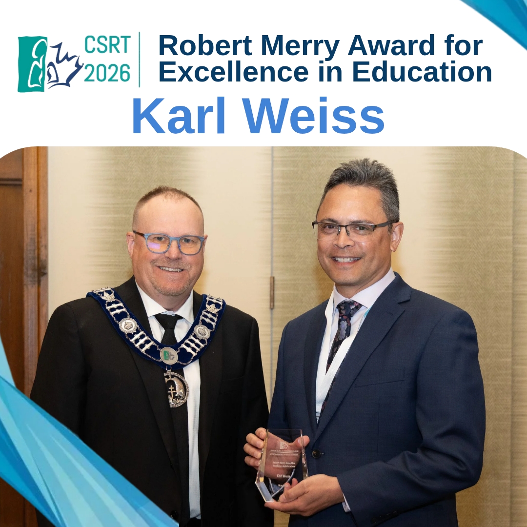 CSRT_tweets's tweet photo. Congratulations to Karl Weiss, winner of the Robert Merry Excellence in Education Award! This award is conferred to RTs who make significant contributions and who have influenced others toward higher levels of achievement in RT education.
#CSRT2026

Photo: @kasselmancreative https://t.co/GE5n3vTKLf