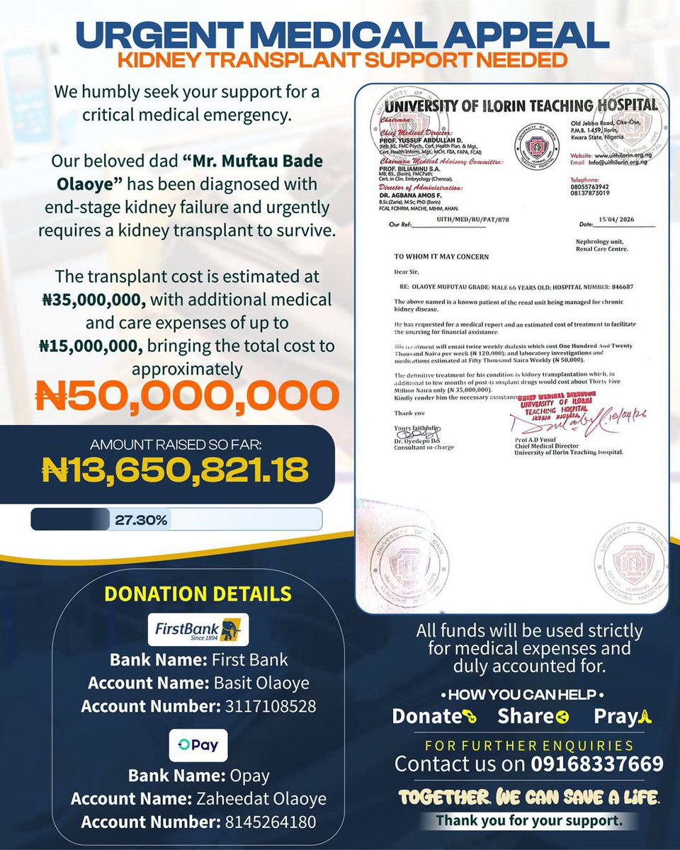 everythingmina's tweet photo. One Repost Can Change Everything👏🏾

A father is still waiting for a chance to live.
Please donate &amp; please help us share. We pray Allah, ease this trial and grant healing

Donation Details:

First Bank – 3117108528
Name: Basit Ademayowa Olaoye

#SaveBadeMuftau https://t.co/rxociYsYCg