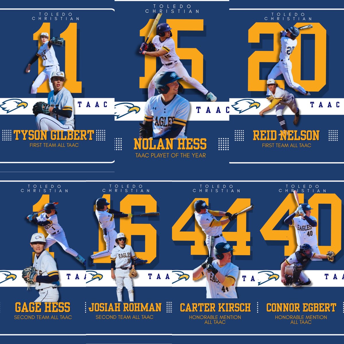 TCeaglebaseball's tweet photo. ⚾️ 2026 TC Baseball TAAC honors 

🏆 Nolan Hess — TAAC Player of the Year
🔥 Tyson Gilbert — First Team
🔥 Reid Nelson — First Team
💪 Gage Hess — Second Team
💪 Josiah Rohman — Second Team
👏 Carter Kirsch — Honorable Mention
👏 Connor Egbert — Honorable Mention https://t.co/VSHi9nF7JK