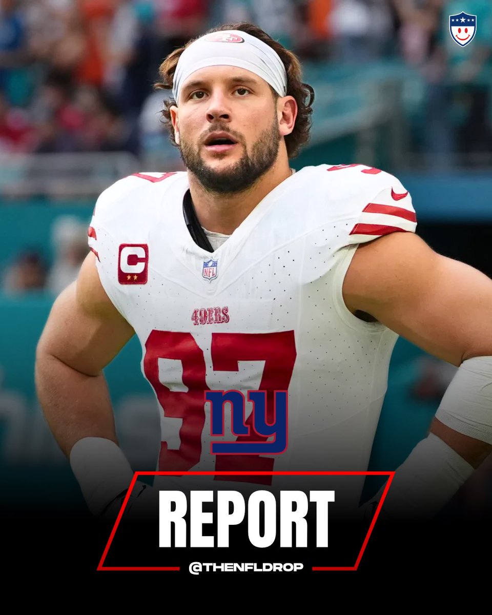 TheNFLDrop's tweet photo. REPORT: 49ers DE Nick Bosa has expressed “heavy interest” in playing for the New York Giants and has requested an immediate trade. https://t.co/ge6Jo333pj