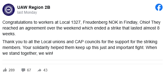 ILRLaborAction's tweet photo. Workers at an auto parts plant in Ohio just ended their nearly TWO MONTH long strike❗️Read more at the article below!

https://t.co/fUdECBffsh https://t.co/M5otxYGPqV