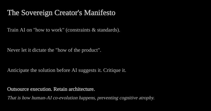 ShihabiLogic's tweet photo. Train AI on "how to work" (constraints), never let it dictate the "how of the product".

To avoid cognitive atrophy: anticipate the best solution before AI suggests it. Critique it. 

That’s how co-evolution happens. #Build https://t.co/wJsLTd2ZVc