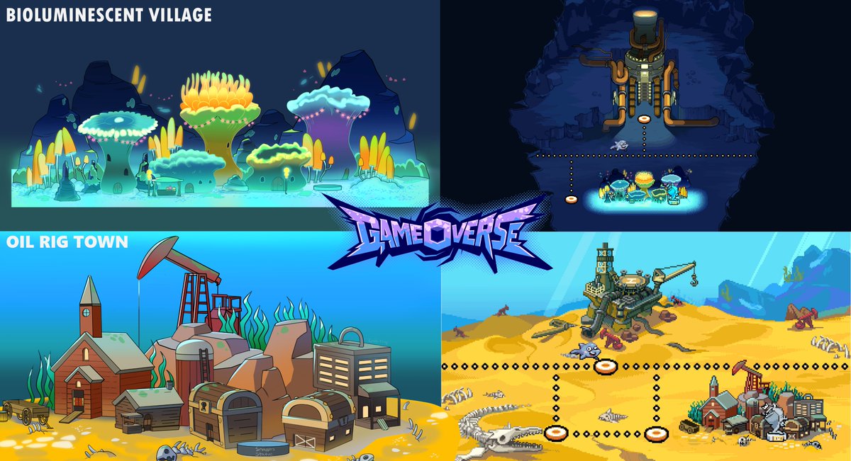 Ashlelang's tweet photo. Some more concept art for the #Gameoverse pilot - this time it's concepts for the little sidequest cities drawn in the game map. My art is on the left; the right is how it ended up looking in the show! https://t.co/oDHo94riXX