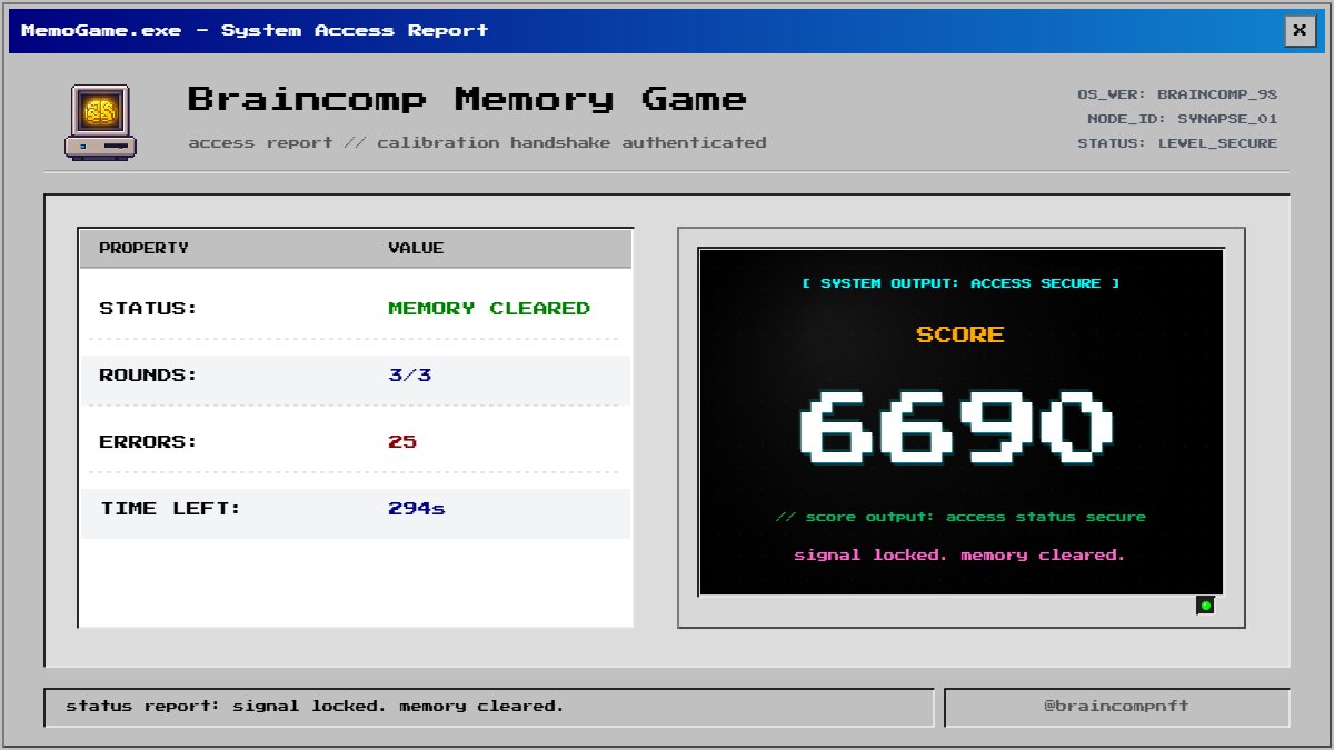 Arsis699's tweet photo. I cleared the braincomp Memory Game.

score: 6690
rounds: 3/3
errors: 25
status: memory cleared

signal locked. memory cleared.

@braincompnft https://t.co/S3iS6SsOhZ