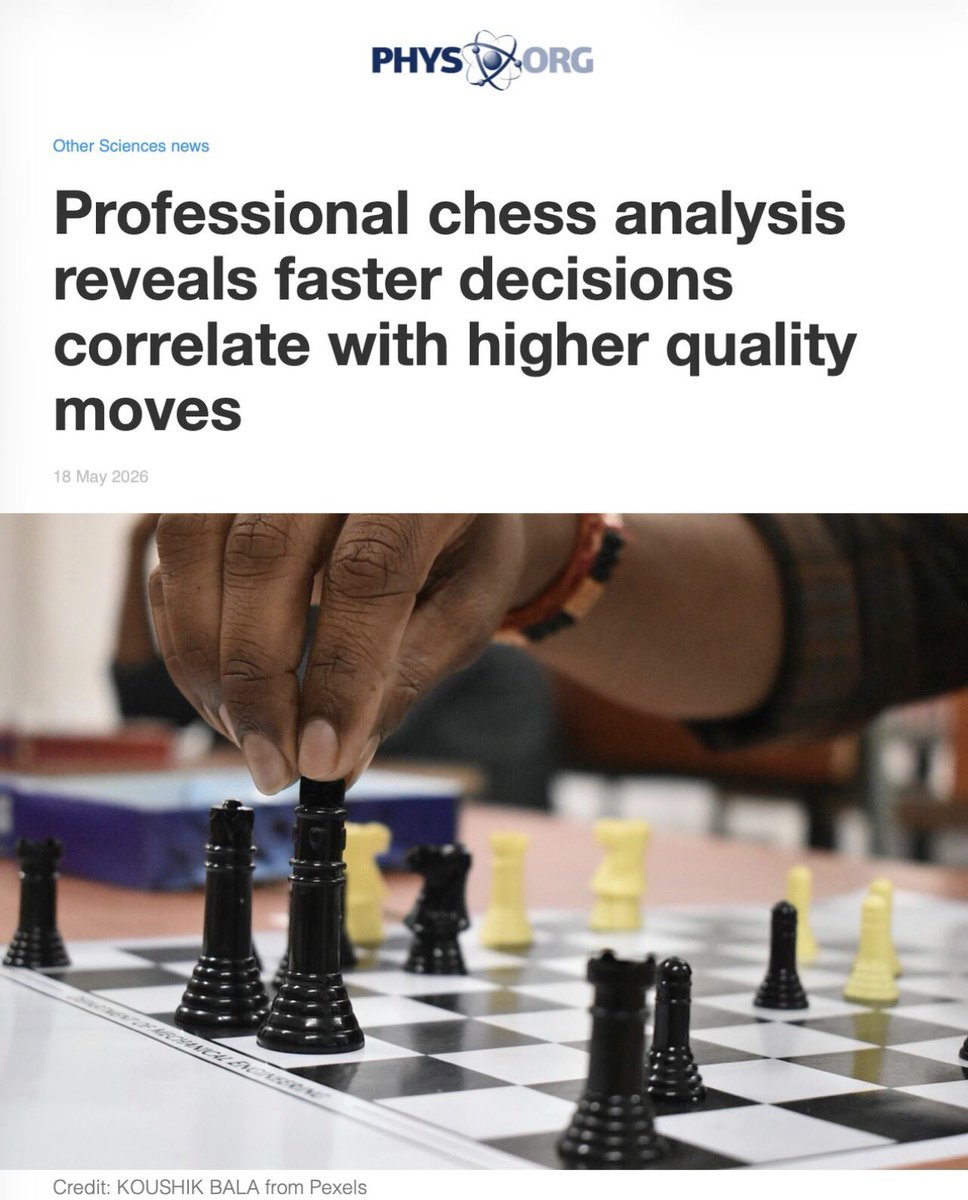 chessclubICC's tweet photo. ♟️ Faster is often better in chess — and maybe in life.

A new study published in Proceedings of the National Academy of Sciences found that professional chess players make higher-quality moves when they decide faster, not slower.

By analyzing over 215,000 moves from 3,600+ elite tournament games, researchers showed that quick decisions frequently reflect strong pattern recognition and clear positions, while longer thinking times often occur in uncertain or genuinely difficult spots.

As lead author Uwe Sunde explains, decision time reveals how subjectively difficult a player perceives the problem to be.

Challenging the common belief that more time always equals better decisions.

Full study (open access):
https://t.co/TkYAT2viRO
What do you think — does this apply beyond chess? 
#DecisionMaking #Chess