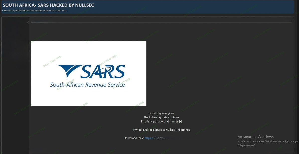 DailyDarkWeb's tweet photo. My South African friends, breaches keep happening. Sorry, 🤷🏻‍♂️

🇿🇦 A threat actor group identifying itself as “Nullsec” is claiming to have compromised South African Revenue Service and leaked data allegedly containing:
• email addresses
• passwords
• names

The underground post is relatively minimal and does not currently provide:
• record counts
• technical proof-of-compromise
• sample database rows
• infrastructure details
• intrusion methodology

The actor instead relies primarily on branding and broad claims to attract attention.

If legitimate, this would represent a highly sensitive government-sector cybersecurity incident because tax authorities typically maintain:
• national identity information
• taxpayer financial records
• corporate filings
• payroll/tax submissions
• banking-related data
• confidential citizen information

However, an important distinction must be made:
the screenshot alone does not validate that the exposed data genuinely originates from SARS systems. Underground actors frequently:
• repackage older credential leaks
• relabel unrelated datasets
• falsely associate government agencies
• combine public data with credential collections
• exaggerate breach impact for notoriety

One notable pattern:
hacktivist-style groups increasingly target government institutions for visibility and political signaling rather than purely financial motives.

The mention of:
“Nullsec Nigeria x Nullsec Philippines”
suggests possible cross-regional branding or collaboration narratives commonly used by underground groups to amplify reputation and perceived reach.

If any portion of the data is authentic, likely risks would include:
• credential stuffing attacks
• phishing against taxpayers
• government impersonation scams
• business email compromise attempts
• identity theft operations

Government-sector credential exposure is especially dangerous because attackers can leverage trust in official institutions to conduct highly effective fraud campaigns.

Users connected to government services should:
• avoid reusing passwords
• enable MFA where available
• monitor suspicious emails claiming to originate from tax authorities
• remain cautious of refund/payment-themed phishing messages

At this stage, the claim should be treated as unverified until independently confirmed by technical analysis or official disclosure.

🇿🇦 #DDW #Intelligence #CyberSecurity #SouthAfrica #Government #DataLeak #DarkWeb #ThreatIntelligence #Infosec #CyberThreats #OSINT #CredentialLeak #SARS