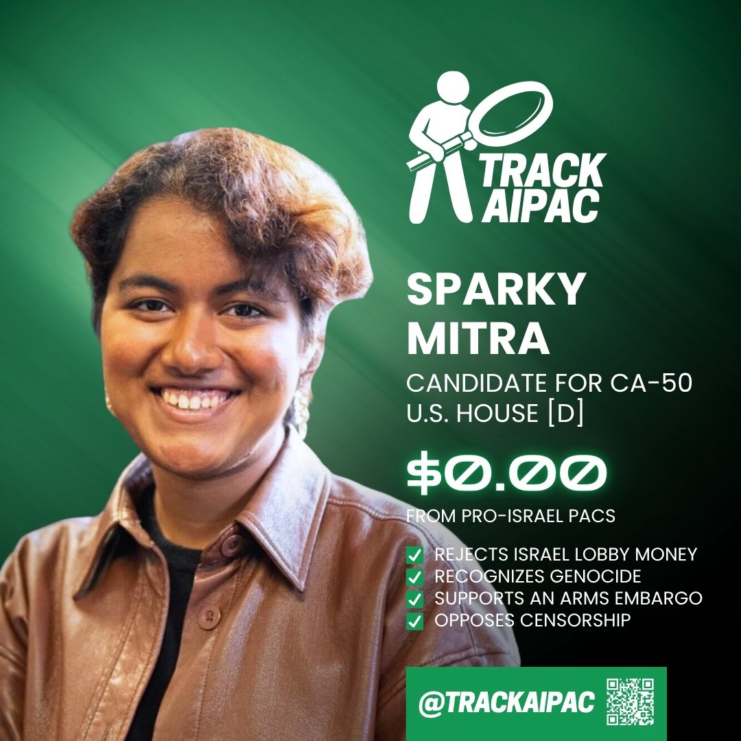 TrackAIPAC's tweet photo. @ScottPetersCA50 Scott Peters supports Israeli apartheid and genocide. Vote @sparkymitra for an ARMS EMBARGO NOW! #CA50 https://t.co/BqNfDGDJ4B