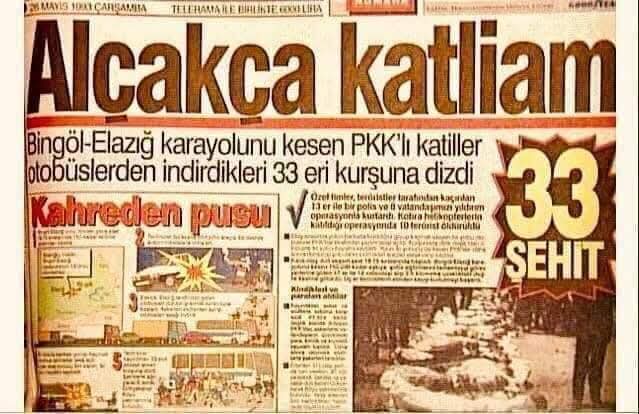 YetisgenM's tweet photo. 33 ŞEHİDİMİZİ UNUTMADIK
Buna rağmen PKK, örflerimizden, adet ve geleneklerimizden anlamadığını bir kez daha gösterip başörtüsünü çiğneyerek, askerleri götürüp ilerideki ormanlık alanda sabah ezanına doğru yan yana dizerek, üzerlerine binlerce kurşun sıkmak suretiyle şehit etti." https://t.co/34wUQGb7bu