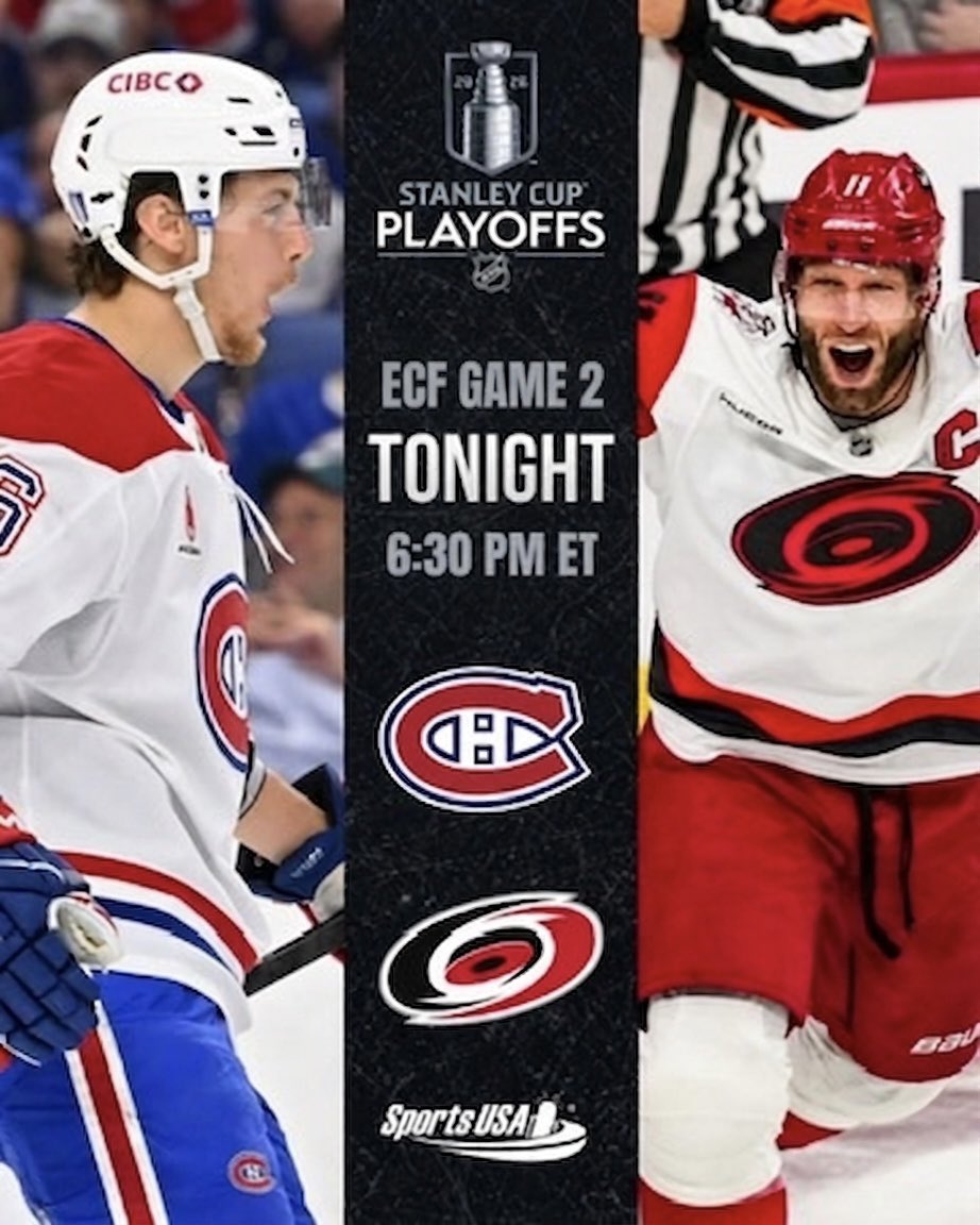 SportsUSALive's tweet photo. Game 2 of the #ecf begins at 6:30 pm ET on @SportsUSALive with @JimFox19 and @JohnForslund streaming at https://t.co/tk7HuiMYIZ sxm channel 91 https://t.co/C3xD1GQKIv