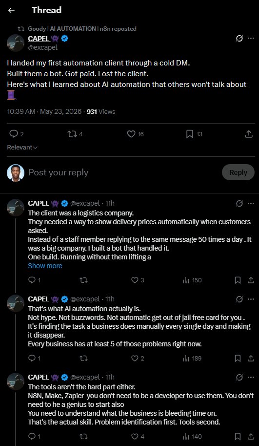 matthewohimai's tweet photo. I saw a tweet by @excapel (reposted by @goodydev) that rewoke an old passion of mine.

For a long time, I’ve watched guys like @AUTOMATEWITHOLA do incredible things with n8n solving real business problems &amp; making money.

Today, I stopped watching and started building. 👇 https://t.co/LMhobll8O5