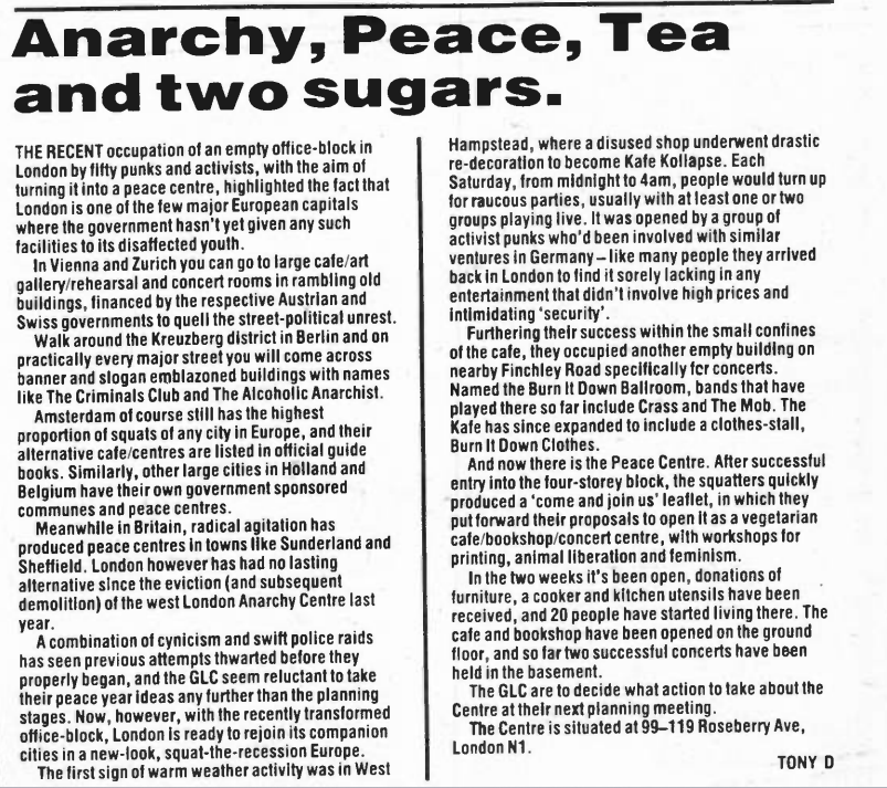 Historyatnight's tweet photo. 'Anarchy, Peace, Tea and Two Sugars'. From NME, 1 October 1983, a report of anarchist squat centres in London including Kafe Kollapse in West Hampstead, the Burn it Down Ballroom in Finchley and the Peace Centre at 99-119 Roseberry Avenue, London N1 https://t.co/xYYo8nzIXn