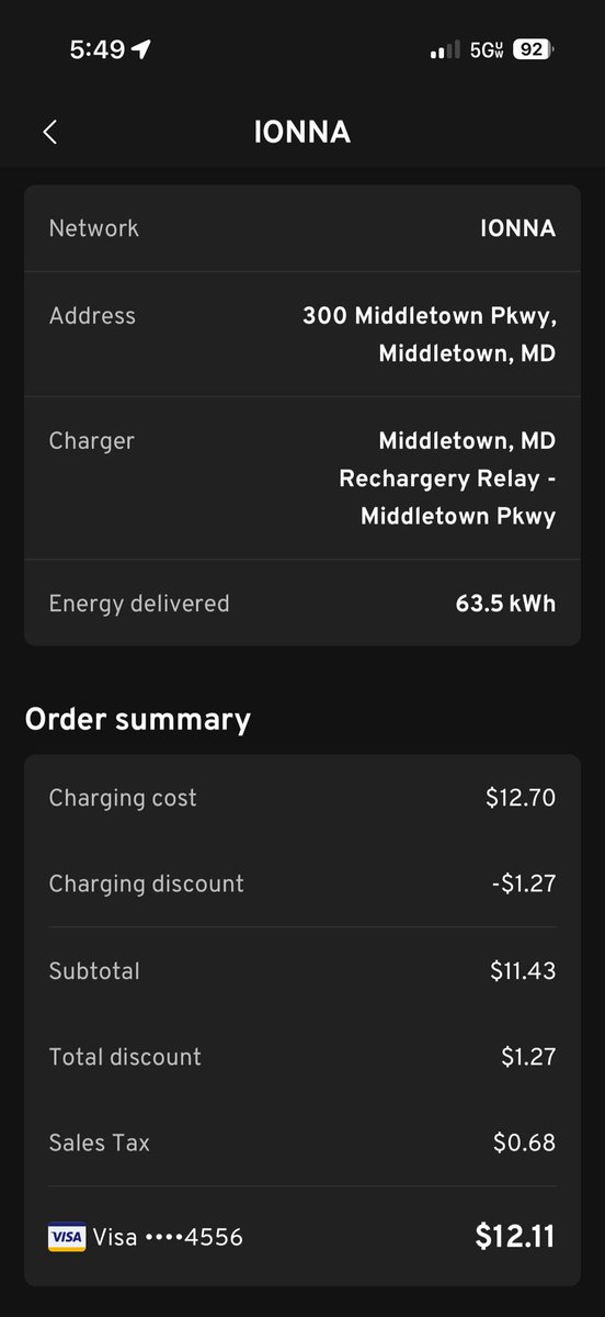 TheAverageEv's tweet photo. Thanks for the discounted charging session @ionnaofficial ! Any OEM discounts are still applied. If you are traveling anywhere this Memorial Day weekend, be sure to hit up an IONNA!

63.5 kWh for $12. That’s how much I pay for charging at home! https://t.co/voEAzJ2YvZ