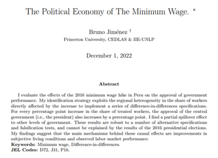 EconomiaNP's tweet photo. 2. Jiménez (2022) encuentra efectos positivos en el #salario y la #formalidad. “I find that the increase in the minimum wage increased wage earners’ income by 4.1% and the formality rate by 2.8 percentage points”. https://t.co/oyJJXtkSLK