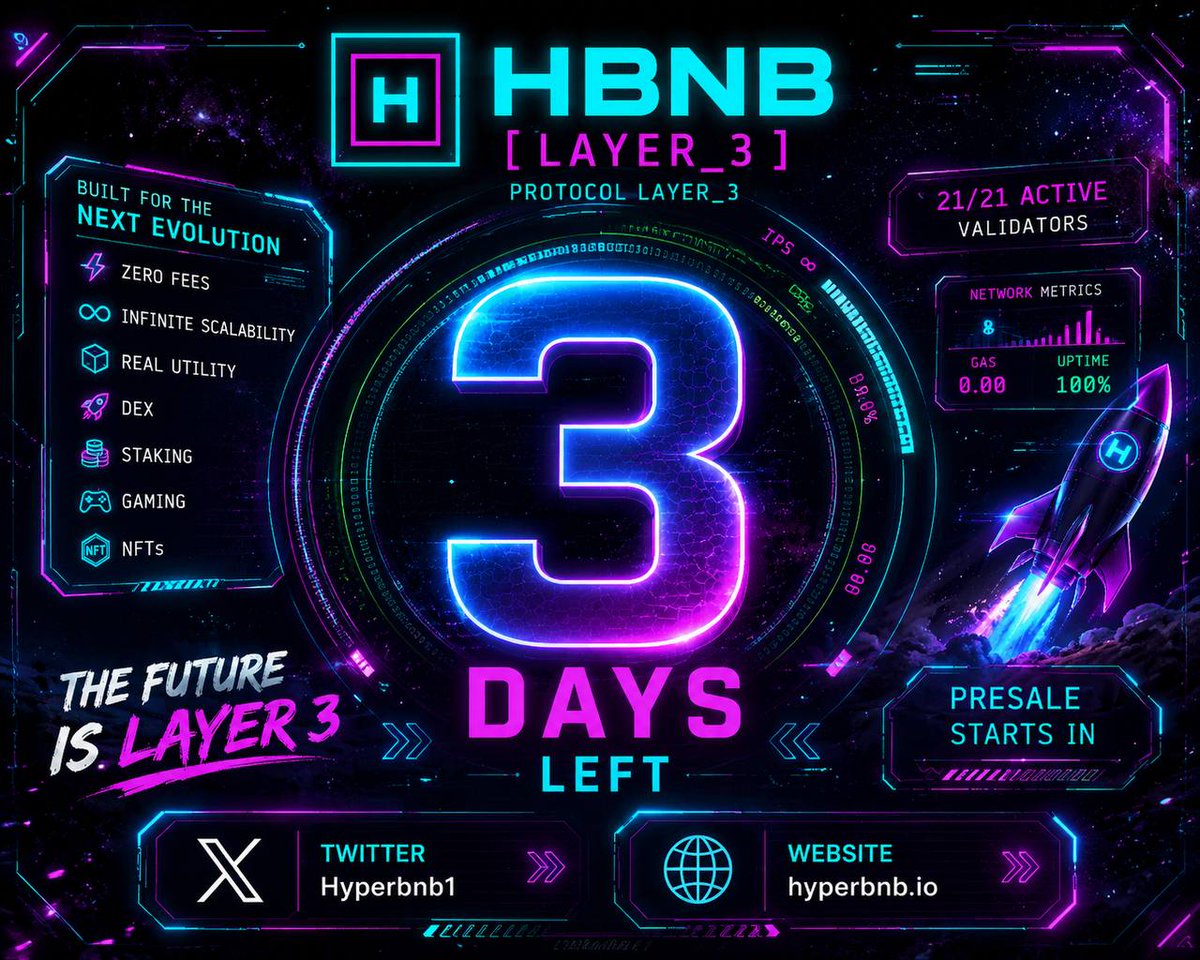 Hyperbnb1's tweet photo. The countdown begins... only 3 DAYS left until the HyperBNB presale goes live! 🔥

The future of Layer_3 innovation is almost here. 
⚡ Zero Fees 
⚡ Infinite Scalability 
⚡ Real Utility 
⚡ Staking • Gaming • NFTs • DEX

This is more than a launch — it’s the start of a new era on BNB Chain. 🌌

#HyperBNB #Layer3 #Web3 #BNBChain #Crypto #Presale