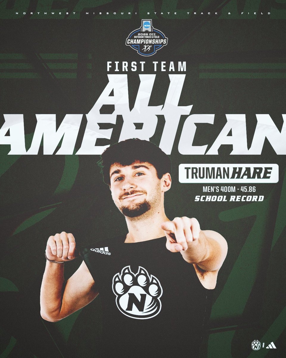 NWBearcatXCTF's tweet photo. 𝙁𝙄𝙍𝙎𝙏 𝙏𝙀𝘼𝙈 𝘼𝙇𝙇-𝘼𝙈𝙀𝙍𝙄𝘾𝘼𝙉 🇺🇸🚨 

400m (M) ||| @NCAADII Outdoor Championships 
4th: Truman Hare - 45.86
   ↳🚨𝙉𝙀𝙒 𝙎𝘾𝙃𝙊𝙊𝙇 𝙍𝙀𝘾𝙊𝙍𝘿🚨

#OABAAB ||| #OneTeamOneDream https://t.co/l9aZoYngxN