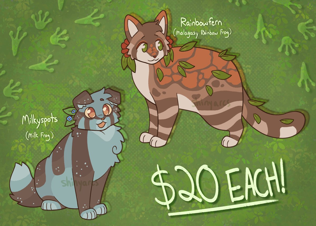 shinypaww's tweet photo. here's a couple of frog themed #warriorcats adopts! please reply below to claim 🐸 https://t.co/J56E0ABAZW