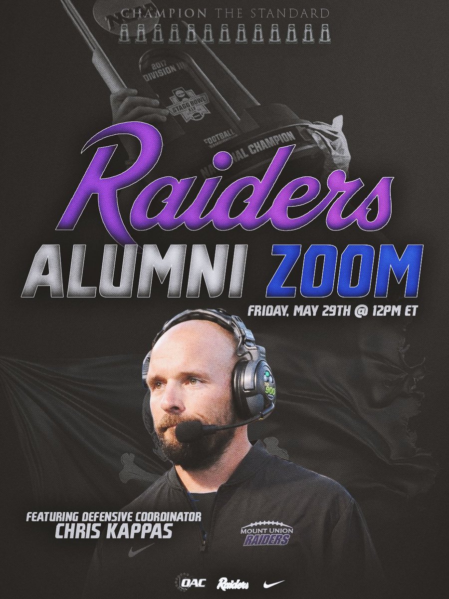 MountUnionFB's tweet photo. Raiders, mark your calendars for the alumni virtual Q&amp;A with Defensive Coordinator Chris Kappas! 

Next Friday, May 29 12:00pm
Email burkekm@mountunion.edu for the link to join https://t.co/vMYvbBlhuQ