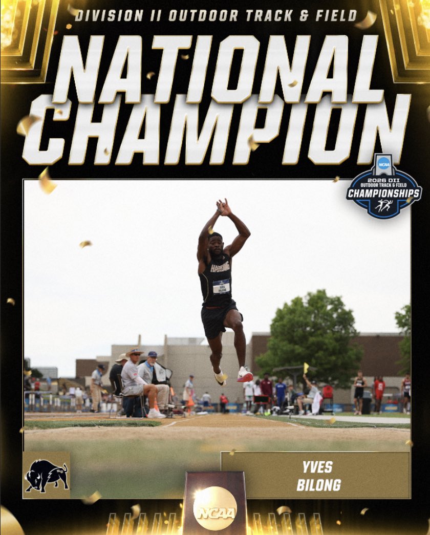 NCAADII's tweet photo. 🏆 NATIONAL CHAMPION🏆
 
Yves Bilong of @hardingbisons wins the Men’s triple jump with a mark of 16.16M.
 
#MakeItYours | #D2MOTF https://t.co/qakpWMOyUV