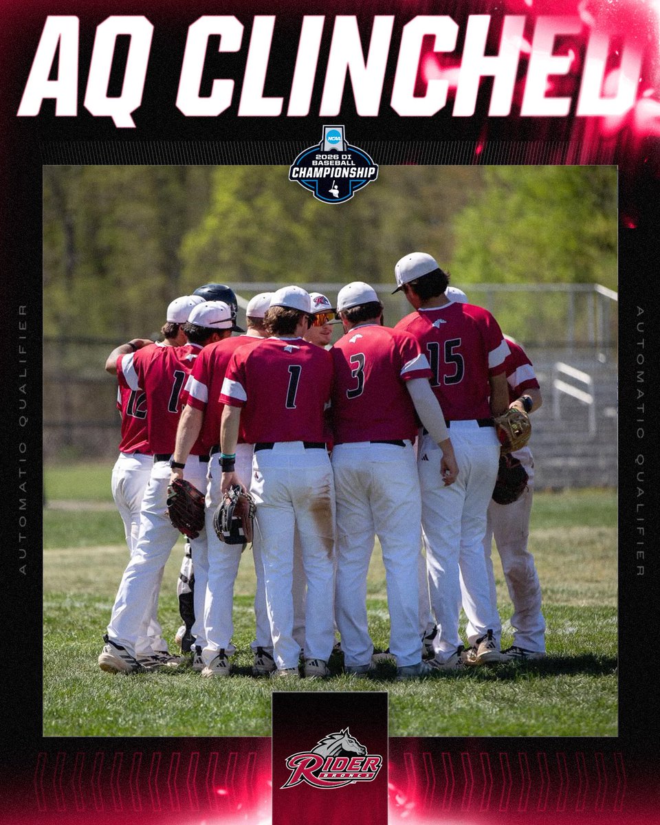 NCAABaseball's tweet photo. 🐴 AQ CLINCHED 🐴

(1) @RiderUBaseball defeats (3) Fairfield, 6-1, to win the @MAACSports tournament title and punch its ticket for the #RoadToOmaha.

#NCAABaseball https://t.co/AJ1Mb8Qaba
