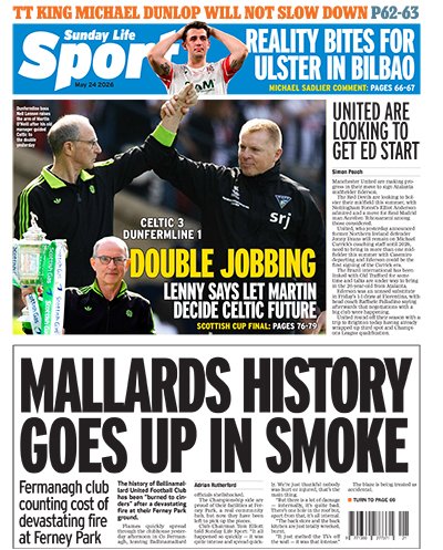 PaulFergusonSL's tweet photo. First look at @TheSundayLife @SundayLifeSport Back Page

Devastating news for @Ballinamallard 

Martin O'Neill on his @CelticFC future after doing the double

@ttracesofficial preview

@UlsterRugby reaction after Challenge Cup defeat https://t.co/FMMBr6Owxz