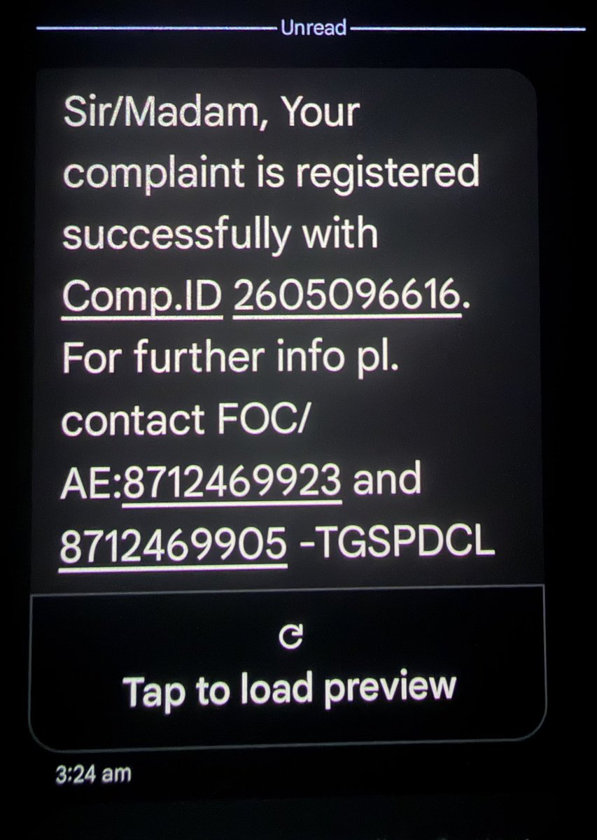 PavanSunnyVarm1's tweet photo. @tgspdcl @spdcl_tg @TgspdclCorpora  @revanth_anumula i called 1912 after 30 mins the call was connected &amp; after registering the complaint about the power failure in our area i recd complaint registered msg in that i received  AE contact i called both no’s no 1 is giving response https://t.co/hBNDEwbH3W