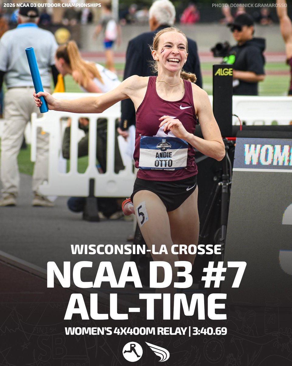 DyeStat's tweet photo. The dagger!🏆

Wisconsin-La Crosse clinches the 2026 #NCAATF D3 women's team title after winning the 4x400m relay in a No. 7 all-time 3:40.69.

📸: Dominick Gramarosso https://t.co/jmD4o3HkGl