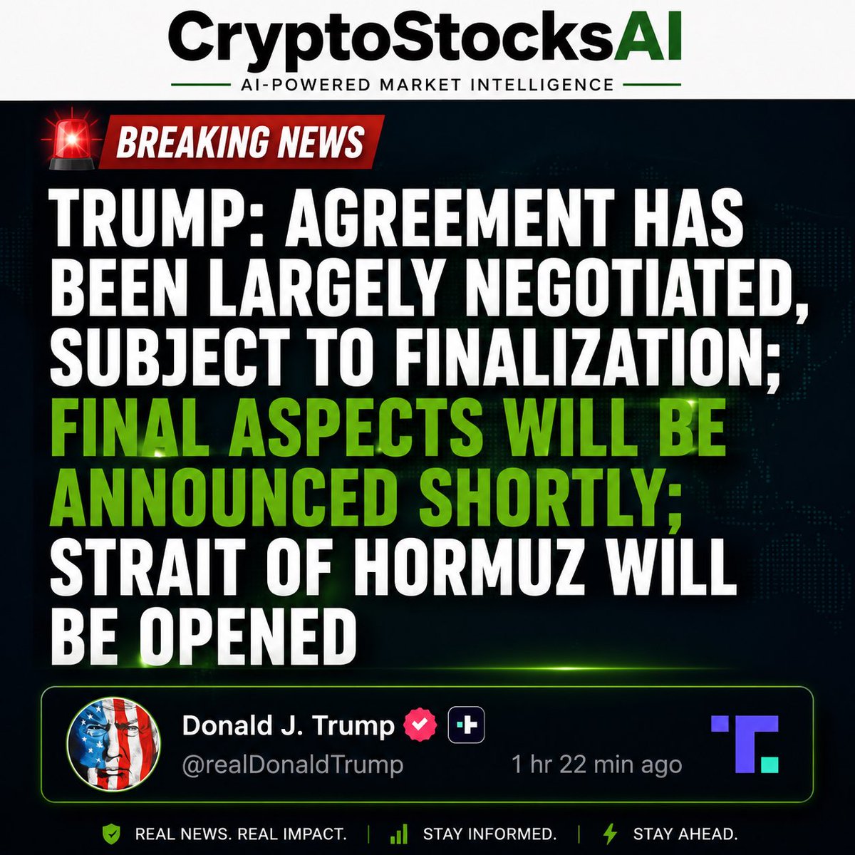 CryptoStocksAI's tweet photo. Follow @cryptostocksai for more updates, news and analysis.

[BreakingNews, Trump, IranDeal, StraitOfHormuz, Geopolitics, USIranDeal, MiddleEast, OilMarket, CrudeOil, EnergyMarket, GlobalTrade, ForeignPolicy, Diplomacy, IranNuclearDeal, OilPrices, MarketImpact, StockMarket] https://t.co/BRd63yTfyC