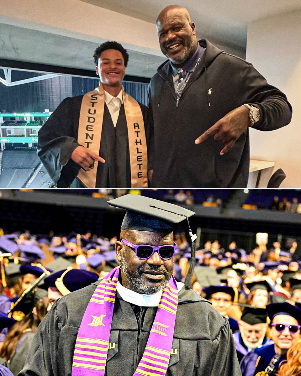 YahooSports's tweet photo. Shaquille O’Neal and his son Shaqir both graduated in the same week 🎓

Shaqir graduated from Sacramento State, while Shaq earned his second master’s from LSU 👏

(📸: Shaq/IG) https://t.co/RF42nRDbNW