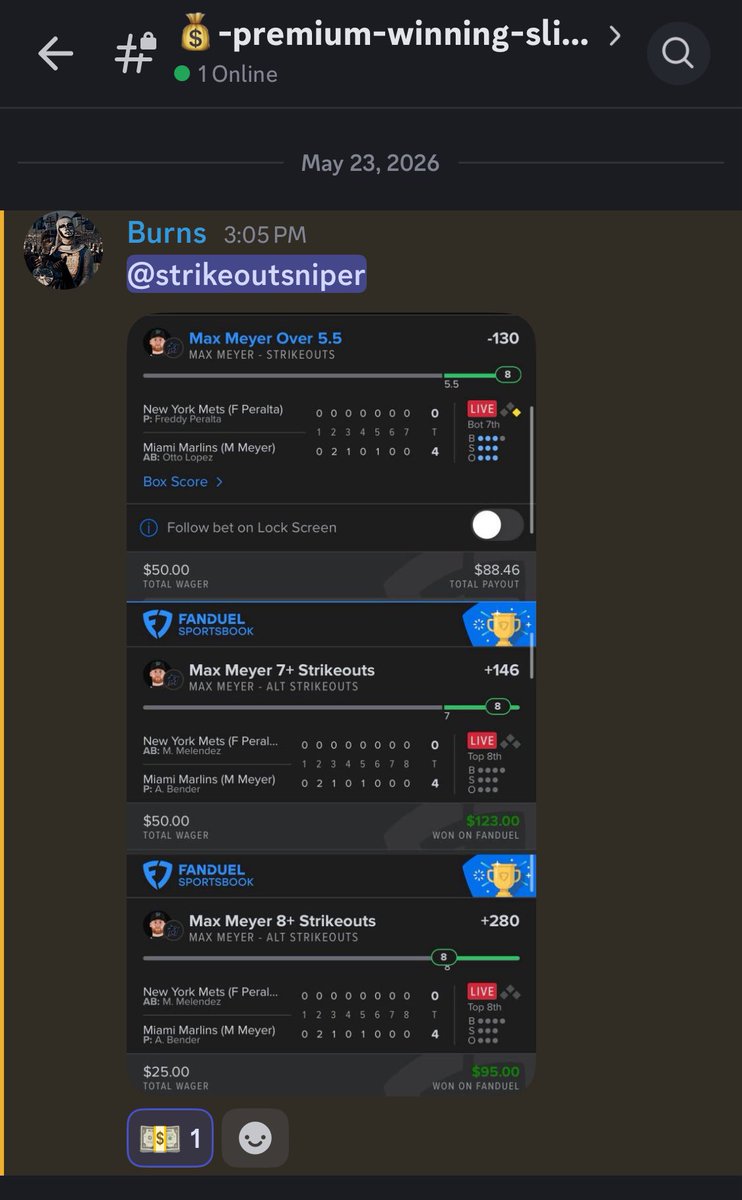 StrikeoutSniper's tweet photo. 💰PREMIUM DISCORD CASH 💰

Premium got this play hours before Twitter ⏰🔥
Model keeps finding edges📈
Squad keeps eating 🍽️

🎯 POTDs
📊 Full projections + trends
🔥 Early Discord access

Don’t keep watching from sidelines 👀
🔗 Link in bio
#POTD #MLBPROPS #PRIZEPICKS #UNDERDOG https://t.co/85VJ4Y38I8
