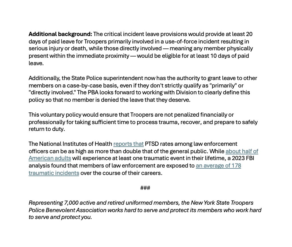 ThePBA's tweet photo. ICYMI Grateful to all those who fought for the hardworking men &amp; women of the NYS Police to get the time off they need to process and recover from critical incidents. #thankyou https://t.co/A0QU9BpMAA