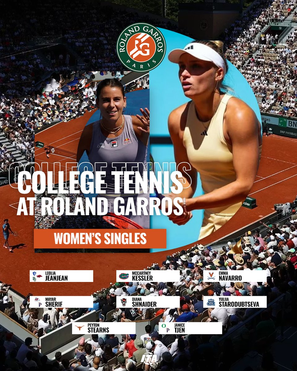 ITA_Tennis's tweet photo. College Tennis Firepower Heads To France 🔥

Check out the players with collegiate ties taking part in the 2026 Roland-Garros Men's and Women's Singles Main Draws! 

#WeAreCollegeTennis x @rolandgarros