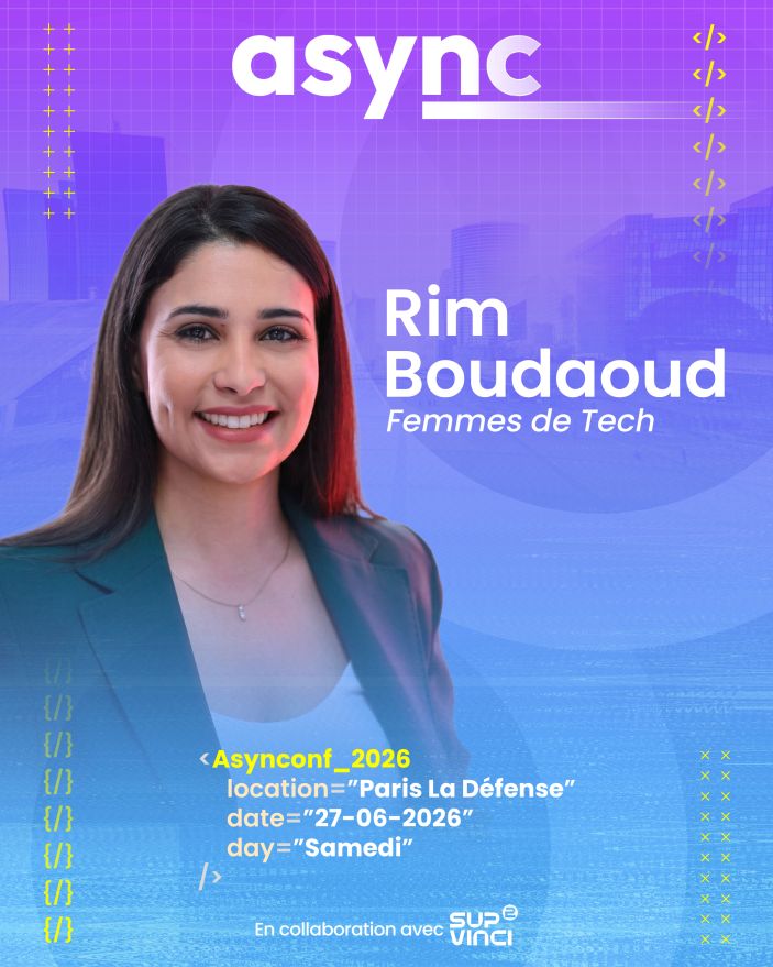 AsynConfEvent's tweet photo. Speakers à l'Asynconf - Rim Siham Boudaoud (Femmedetech) 

📅 Samedi 27 juin 2026 
📍 Paris la defense (chez Sup de Vinci - école d'informatique ) 

"Le marché n'est pas saturé : comment sortir du lot en 2026"

Plus d'informations et billeterie 👉 https://t.co/AU4LcLTTlV

#savethedate #job #hiring
