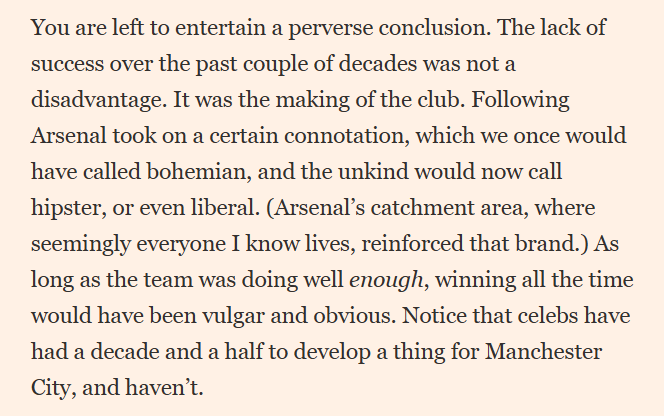 TH14_Comps's tweet photo. i agree with this. Part of Arsenal's modern identity, why the club became 'cool', is because of the enormous promise, but ultimate lack of superclub success. 

That alongside Wengerball, transcendent players, sense of 'class' + cultural ties that goes way back https://t.co/PrEYXZgXfS