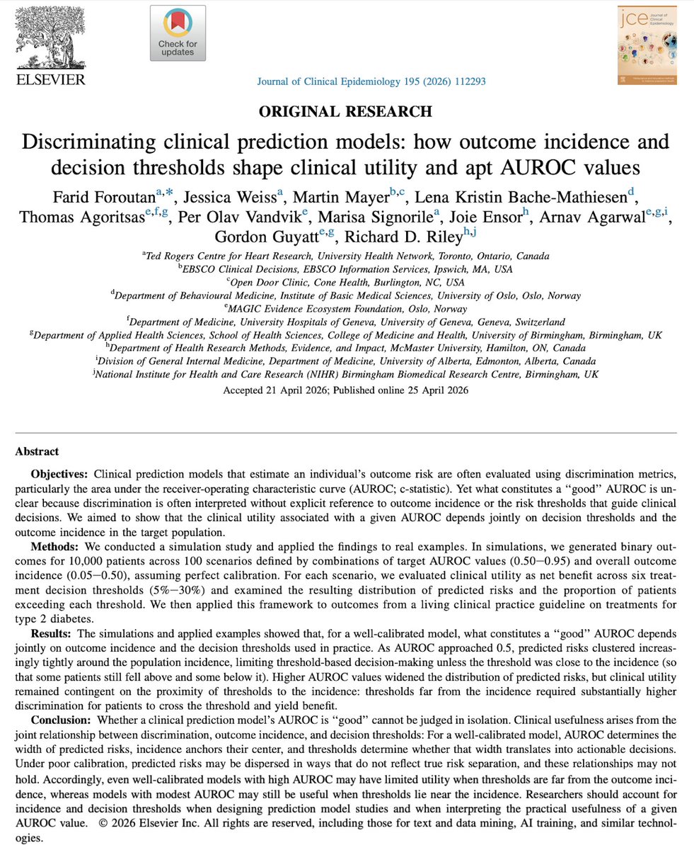 ArnavAgarwalMD's tweet photo. A “good” AUROC is not universal.

In a new @JClinEpi paper, we show that prediction model utility depends on discrimination, outcome incidence, calibration &amp; decision thresholds.

Models should be judged against the decisions they are meant to inform.

👉 https://t.co/ZaAI2f6BGF https://t.co/UBT6Y6yr87