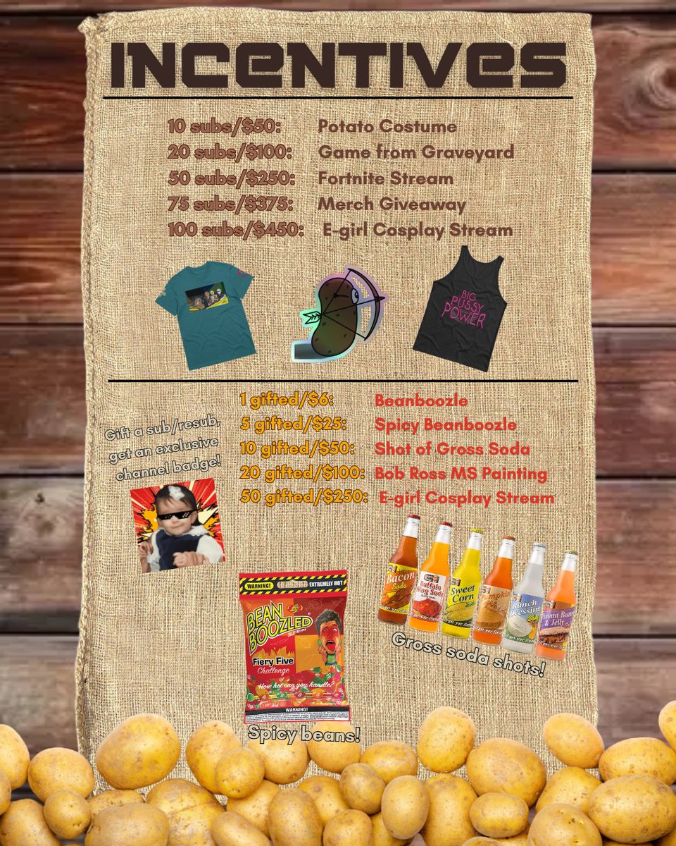 redundant30's tweet photo. A few of the incentives to unlock for my upcoming birthday stream on 5/29 @ 12pm CST! Come make me eat some spicy beans or take a shot of sweet corn soda 🫣

(https://t.co/YldgSKBp4t) https://t.co/3qglIhADNe