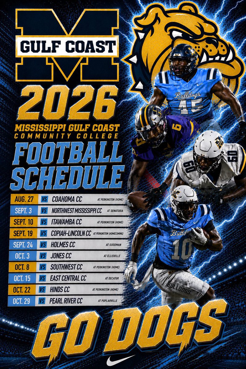 MSJUCOREPORT's tweet photo. 🏈 Four of the 14 MACCC football schedules for 2026 have officially dropped. 👀🔥

Released so far:
• Mississippi Gulf Coast
• Copiah-Lincoln
• Southwest Mississippi
• Mississippi Delta

Who’s got the toughest road? 👀

#MACCC #JUCOFootball https://t.co/KGRp1HRb9u