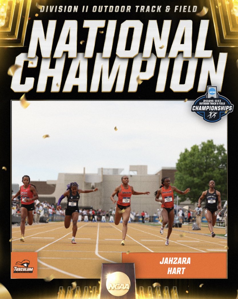 NCAADII's tweet photo. 🏆 NATIONAL CHAMPION🏆
 
Jahzara of @tusculumsports wins the women’s 100m with a time of 11.30.
 
#MakeItYours | #D2WOTF https://t.co/w5HxhDfY0b