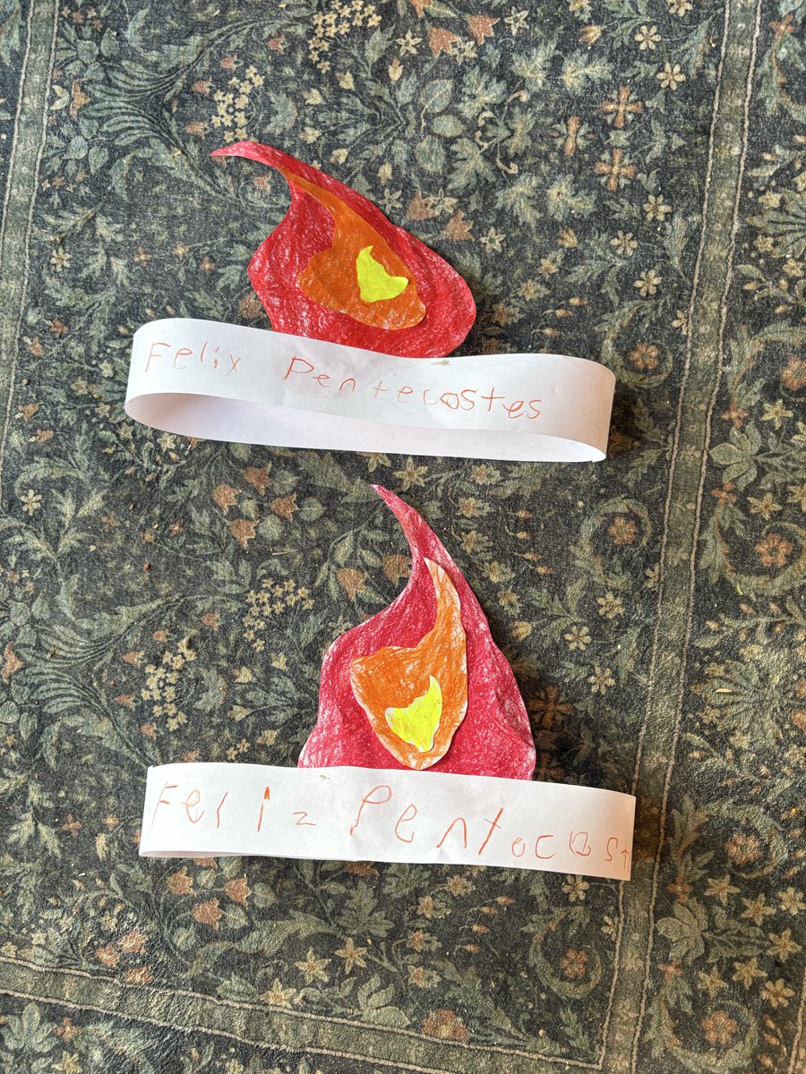 kciolane's tweet photo. “And there appeared to them parted tongues as it were of fire, and it sat upon every one of them”

Easy Liturgical Living craft: tongues of fire hats with “happy Pentecost” in different languages https://t.co/Ibf3YBmkEv