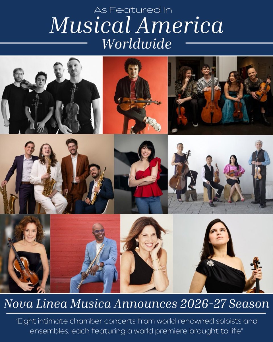 NovaLineaMusica's tweet photo. We're in @MusicalAmerica 🎶

Our 2026-27 season: eight world premieres at Guarneri Hall from JACK Quartet, Borromeo, Poiesis, Nois, Claire Huangci, Curtis Stewart, the NLM Piano Trio, and a Philip Glass at 90 celebration with Demarre McGill, Wendy Sutter, Desirée Ruhstrat, and Rabia Brooke.

Plus a film score by Pulitzer finalist Chen Yi.

Read the full story here:
https://t.co/HRditF3tyF

Tickets: https://t.co/Av4dm24TFv

Website: https://t.co/G50XsE4pfC 
Instagram: https://t.co/XW2TO6y0po
YouTube: https://t.co/k5kUusosNJ
Facebook: https://t.co/aaC08c5WgJ

@jackquartet @ViolinDes Borromeo, Curtis Stewart, Poiesis, Nois, Claire Huangci, Demarre McGill, Wendy Sutter, Rabia