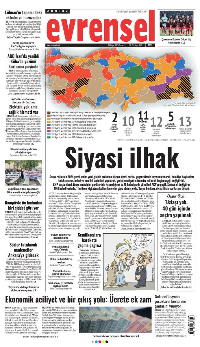 hakki_ozdal's tweet photo. Son iki yılın 'siyasi ilhak' haritası

'Milli irade'yi ağzından düşürmeyenlerin operasyonlarıyla...

> 31 Mart 2024 seçimlerinden bu yana toplamda 4,3 milyon nüfusa ve 2,8 milyon seçmene ev sahipliği yapan, 3’ü CHP, 10’u DEM Parti yönetiminde olan 13 belediyeye kayyım atandı. 

> Biri büyükşehir, biri il, 45’i ilçe, 28’i belde olmak üzere en az 75 belediyenin başkanı AKP’ye 'transfer' edildi. Bunların 36’sı YRP, 17’si CHP, 8’i İYİP, 3’ü DEVA, 2’si DEM Parti, 2’si DP’den seçilmişti. 

> Milyonlarca insanın oy kullandığı Bursa Büyükşehir, Gaziosmanpaşa, Bayrampaşa gibi belediyeler tartışmalı meclis seçimleriyle AKP’ye geçti.