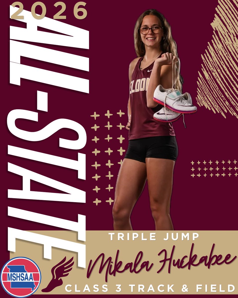 EldonMustang's tweet photo. Mikala Huckabee finishes a fantastic Track and Field career with a seventh place finish in the triple jump at the 2026 MSHSAA State Championships! Congratulations on a great four years! #AllState #MustangMade https://t.co/FodF7J84Ah
