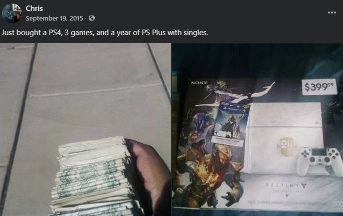 NeverNotChris's tweet photo. My Destiny origin story was being told about it for a year by a friend and then getting sucked into the hype of Taken King. I bought the Taken King PS4 with 1 dollar bills cause I thought it would be funny. It was. https://t.co/YcTE9kjtc8