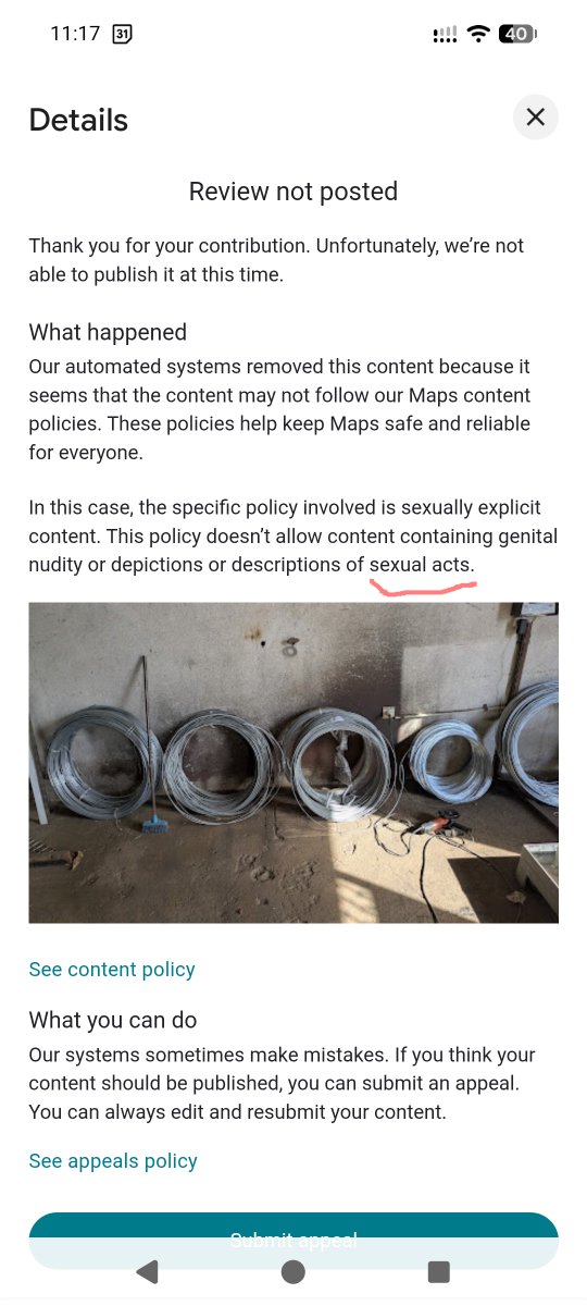 jonf3n's tweet photo. @Pirat_Nation My review of a metal shop got blocked on Google maps because it thought spooled wire was depicting a "sexual act". https://t.co/ayinVvcJlz