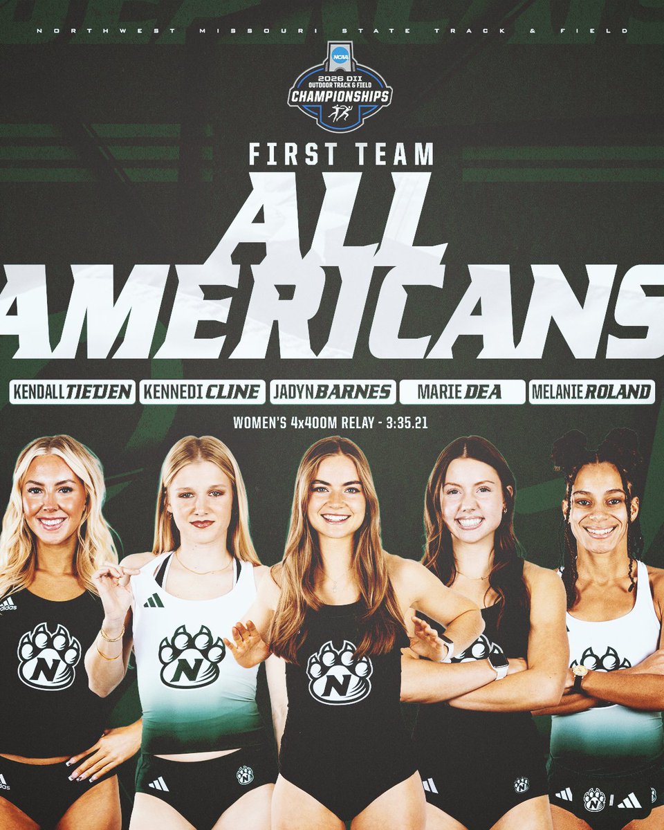 NWBearcatXCTF's tweet photo. 𝙁𝙄𝙍𝙎𝙏 𝙏𝙀𝘼𝙈 𝘼𝙇𝙇-𝘼𝙈𝙀𝙍𝙄𝘾𝘼𝙉𝙎 🇺🇸🚨 

4x400m (W) ||| @NCAADII Outdoor Championships 
🥈: Northwest (Jadyn Barnes, Kennedi Cline, Marie Dea, Melanie Roland) - 3:35.21

Kendall Tietjen was part of the Bearcat 4x400m qualifying relay.

#OABAAB ||| #OneTeamOneDream https://t.co/wLxxr4Z0FA