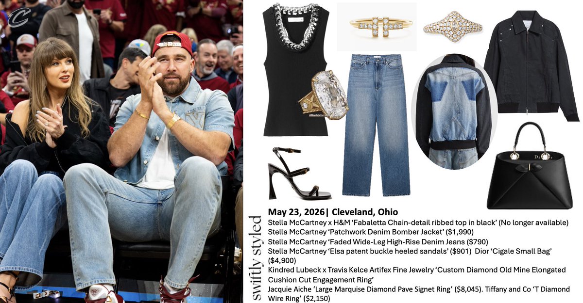theswiftedit's tweet photo. Taylor out in Cleveland for playoff basketball (May 23, 2926). Now with the whole outfit! 

Wearing:
Stella McCartney x H&M ‘Fabaletta Chain-detail ribbed top in black’ (No longer available) 
Stella McCartney ‘Patchwork Denim Bomber Jacket’ ($1,990) 
Stella McCartney ‘Faded Wide-Leg High-Rise Denim Jeans ($790)
Stella McCartney ‘Elsa patent buckle heeled sandals’ ($901)  
Dior ‘Cigale Small Bag’ ($4,900) 
Kindred Lubeck x Travis Kelce Artifex Fine Jewelry ‘Custom Diamond Old Mine Elongated Cushion Cut Engagement Ring’
Jacquie Aiche ‘Large Marquise Diamond Pave Signet Ring’ ($8,045)
Tiffany and Co ‘T Diamond Wire Ring’ ($2,150)