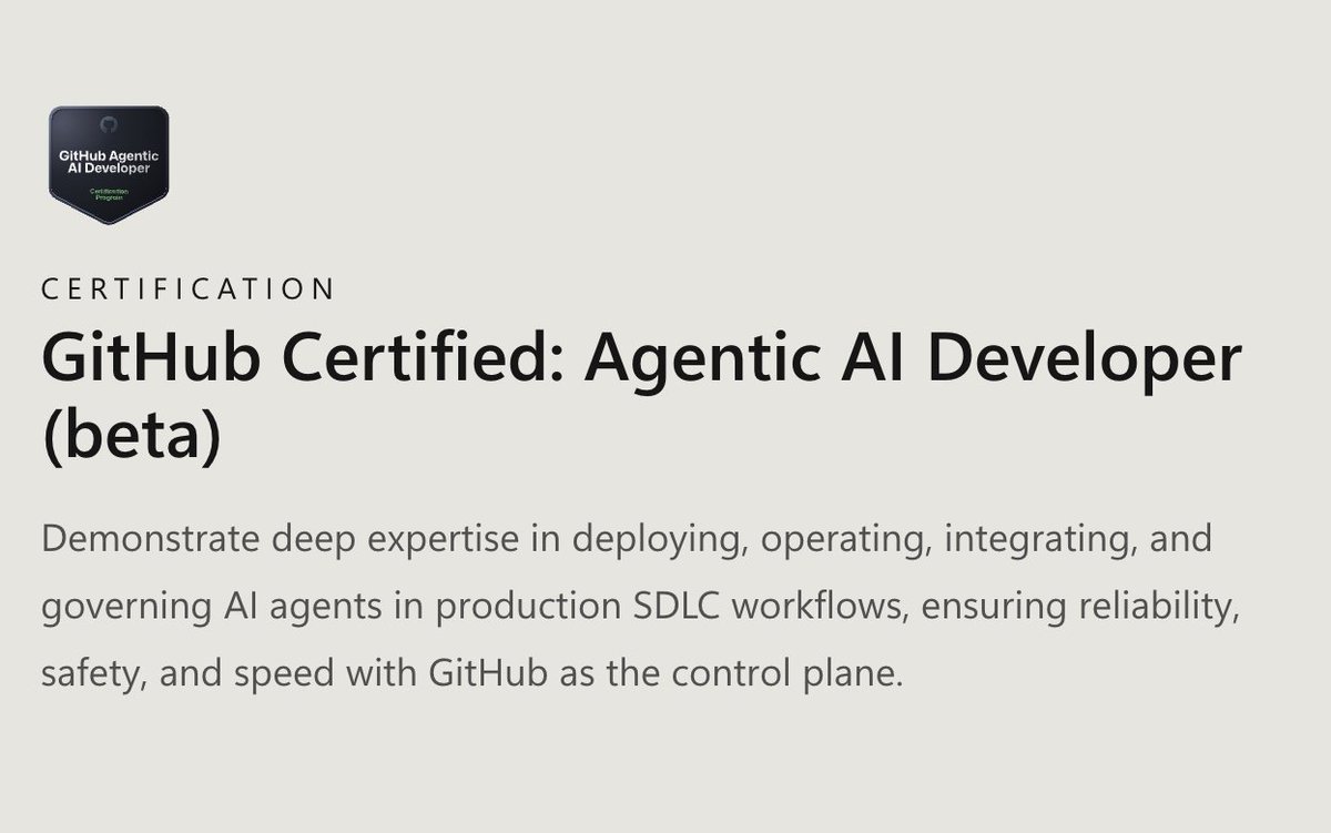 precisox's tweet photo. GitHub acaba de lanzar la primera certificación oficial del mundo para Agentic AI Developers.  

No es un curso con diploma de regalo. 

Es un examen serio de 120 minutos que demuestra que realmente sabes construir, desplegar y controlar agentes de IA en producción real.  

Lo que evalúa:  
-> Diseñar arquitecturas de agentes desde cero   
-> Gestionar memoria y estado en flujos autónomos   
-> Orquestar múltiples agentes sin que se desmadre todo   
-> Monitorear comportamiento y detectar fallos rápido
-> Implementar guardrails para que sean seguros y confiables    

Hasta ahora, poner “experiencia con agentes de IA” en el CV era puras palabras.  

Ahora ya existe nombre oficial, examen y badge verificable de GitHub.  

Las empresas van a empezar a pedirlo.
