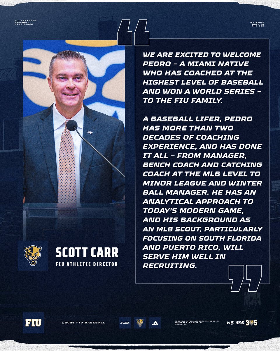 FIUAthletics's tweet photo. Bringing in a World Series Champion to lead @FIUBaseball and @ScottCarrAD knows he got the right guy 💯 https://t.co/DqHGLQGBFD