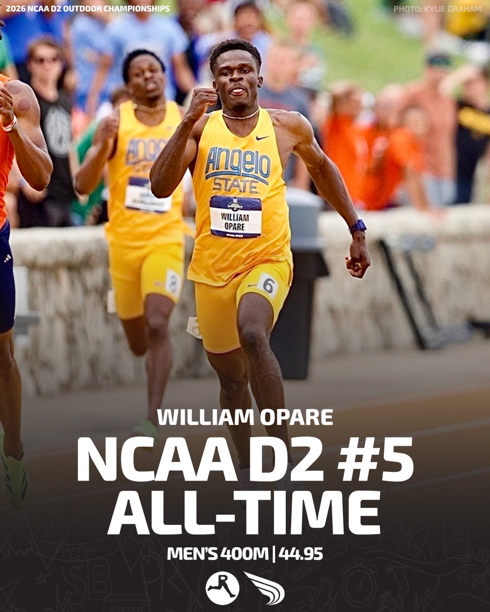 DyeStat's tweet photo. About dang time!

For the first time since 1998, a D2 400m runner breaks 45 seconds.

William Opare of Angelo State takes home the #NCAATF D2 title in a No. 5 all-time 44.95.

📸: Kylie Graham https://t.co/TYWQngsTe8