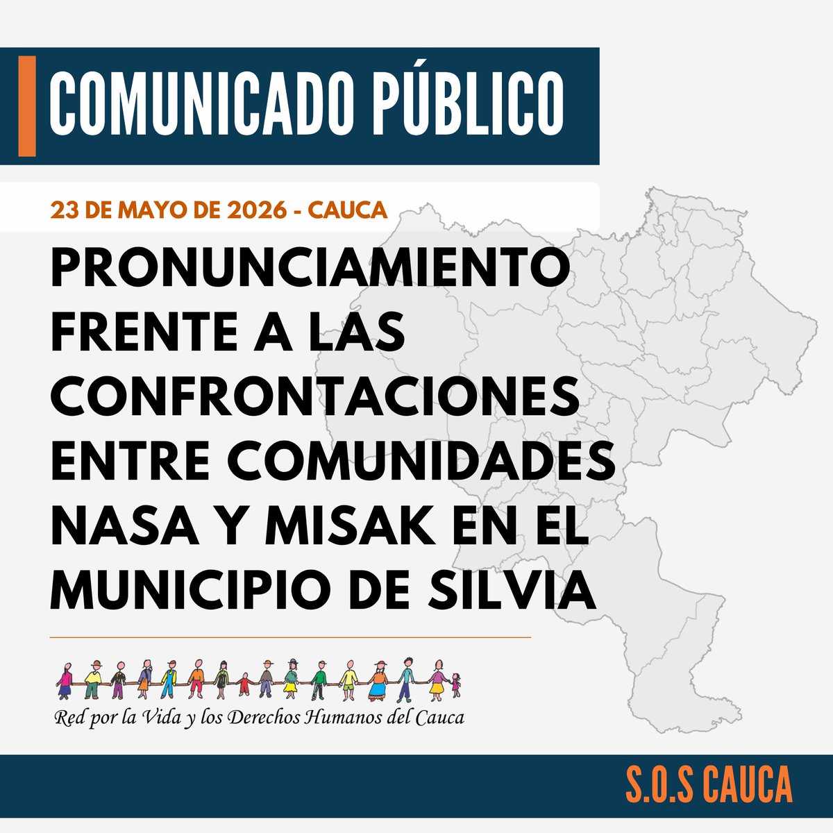 RedVidaDHCauca's tweet photo. ⚠️📄#Comunicado | PRONUNCIAMIENTO FRENTE A LAS CONFRONTACIONES ENTRE COMUNIDADES NASA Y MISAK EN SILVIA, CAUCA

La Red Por La Vida Y Los Derechos Humanos del Cauca lamenta profundamente los hechos derivados de las confrontaciones entre comunidades indígenas NASA y MISAK en el municipio de Silvia, quienes, según versiones oficiales, se encuentran en confrontación desde hace varios años en relación al reconocimiento del derecho de dominio y uso sobre un territorio de gran importancia para ambas comunidades.

Lo ocurrido el día 21 de mayo en el sector de La Ensillada, desde tempranas horas de la mañana, dejó como resultado la muerte de seis (6) personas y más de cien (100) heridas, según información de las autoridades estatales. No obstante, también se han conocido versiones que hablan de un mayor número de víctimas mortales, personas retenidas y del presunto porte de armas durante las confrontaciones, evidenciado en videos que han circulado en redes sociales. Estas situaciones deberán ser esclarecidas en el marco de las respectivas investigaciones.

Como Red por la Vida y los Derechos Humanos del Cauca nos solidarizamos con los familiares de las víctimas y hacemos un llamado urgente a las comunidades NASA y MISAK, para que el dialogo y la concertación sean el camino para dirimir las disputas territoriales, y no la violencia.

Llamamos al Estado Colombiano para que, a través de la Agencia Nacional de Tierras –ANT–, y de las demás entidades competentes en la materia, intervenga de manera urgente e integral, proponiendo salidas efectivas y reales que permitan avanzar hacia una solución a esta situación.

Por parte del Estado debe haber un acompañamiento efectivo y amplio en el municipio de Silvia, que no se limite a la presencia militar, sino que contribuya de manera concreta a disminuir la tensión territorial y a generar garantías para el diálogo y convivencia entre las comunidades. Por ello, solicitamos a estas entidades no profundizar la problemática y expresar alternativas cumplibles para ambas partes.

Llamamos a los organismos del nivel internacional presente en el departamento del Cauca a acompañar y adelantar las gestiones necesarias para que se mantenga el diálogo y la concertación como mecanismo para el abordaje de la situación. Al ministerio público a mantener la interlocución y acompañamiento permanente a las partes y al territorio.

Finalmente, rechazamos que en medio de estos lamentables hechos y en el contexto electoral, candidatos y candidatas que aspiran a la presidencia utilicen a las víctimas de estas confrontaciones como instrumento para su campaña electoral.

@petrogustavo @AgenciaTierras @URestitucion @harmanfelipe @DefensoriaCol @CIDH  @PGN_COL  @MinInterior