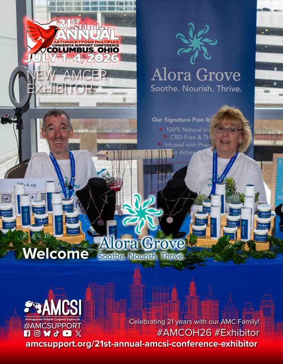 amcsupport's tweet photo. Alora Grove will be exhibiting at the 21st Annual AMCSI Conference in Columbus, July 1–4, 2026.

Stop by their table to see their handmade salve.

Register today:
 https://t.co/q4Rg99kH28

#AMCOH26 #AMCSIConference #AMCSI #ArthrogryposisAwareness #AMCSupport https://t.co/8vRnqXVmr5